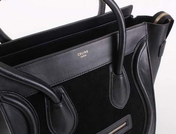 Celine Luggage Mini 33cm Tote Leather Bag - 98170 Black Suede Leather - Click Image to Close