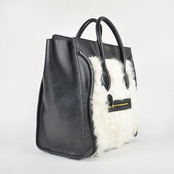 Celine Luggage Mini 33cm Tote Leather Bag - 98170 Black with Rabbit Hair - Click Image to Close