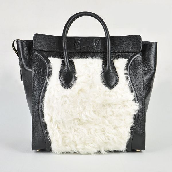 Celine Luggage Mini 33cm Tote Leather Bag - 98170 Black with Rabbit Hair - Click Image to Close