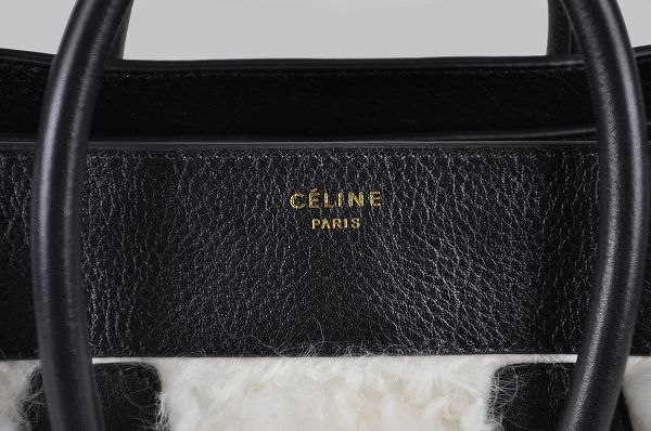 Celine Luggage Mini 33cm Tote Leather Bag - 98170 Black with Rabbit Hair
