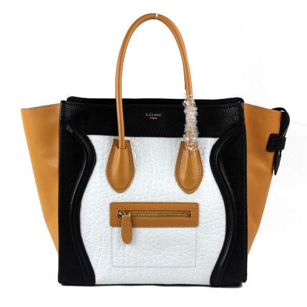 Celine Luggage Mini 30cm Tote Bag - 88022 White Croco Black & Apricot - Click Image to Close