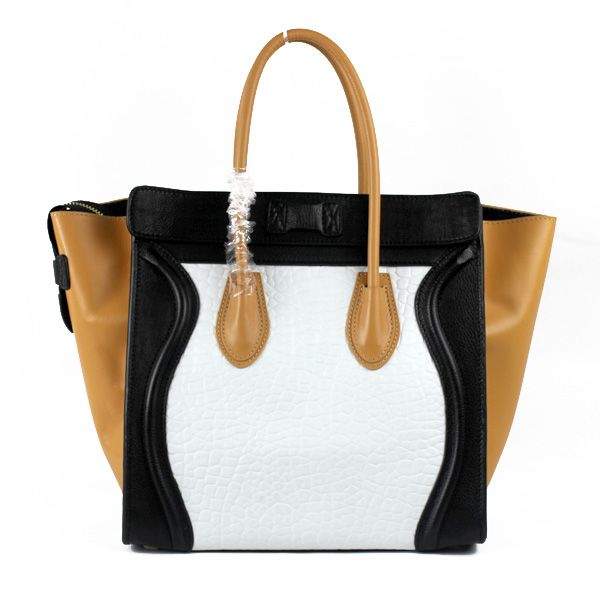 Celine Luggage Mini 30cm Tote Bag - 88022 White Croco Black & Apricot