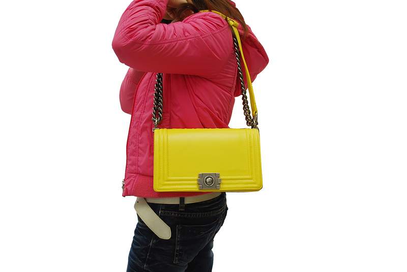 2012 New Arrival Chanel A30157 Lemon Yellow Calfskin mini Le Boy Flap Shoulder Bag Silver