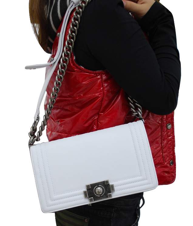2012 New Arrival Chanel A30157 White Calfskin mini Le Boy Flap Shoulder Bag Silver