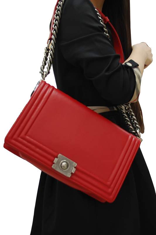 2012 New Arrival Chanel Calfskin Medium Le Boy Flap Shoulder Bag A30159 Red With Silver Hardware - Click Image to Close