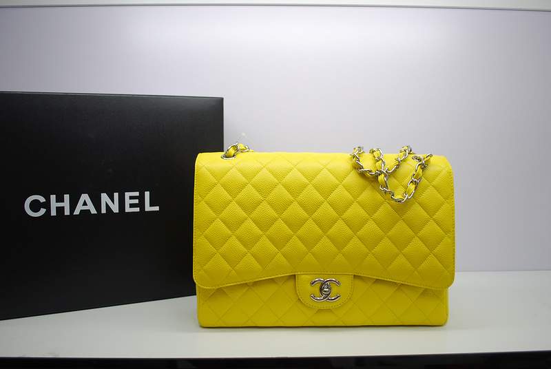2012 New Arrival Chanel Maxi Double Flaps Bag A36098 Lemon Original Caviar Leather Silver
