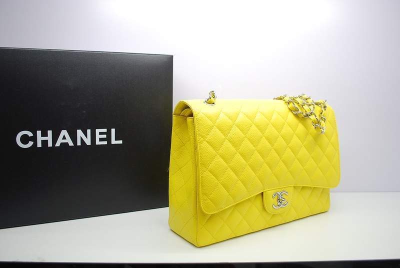 2012 New Arrival Chanel Maxi Double Flaps Bag A36098 Lemon Original Caviar Leather Silver