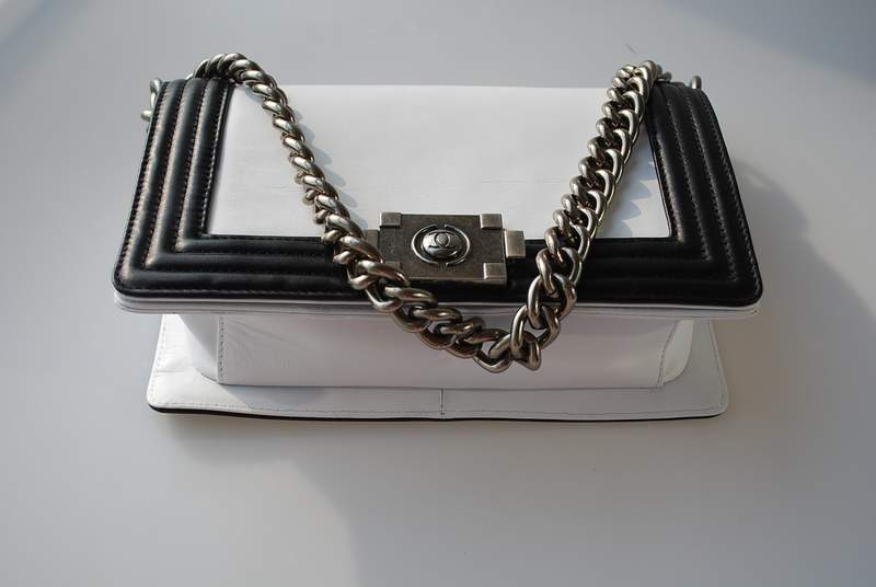 2012 New Arrival Chanel A30157 White & Black Calfskin mini Le Boy Flap Shoulder Bag Silver - Click Image to Close