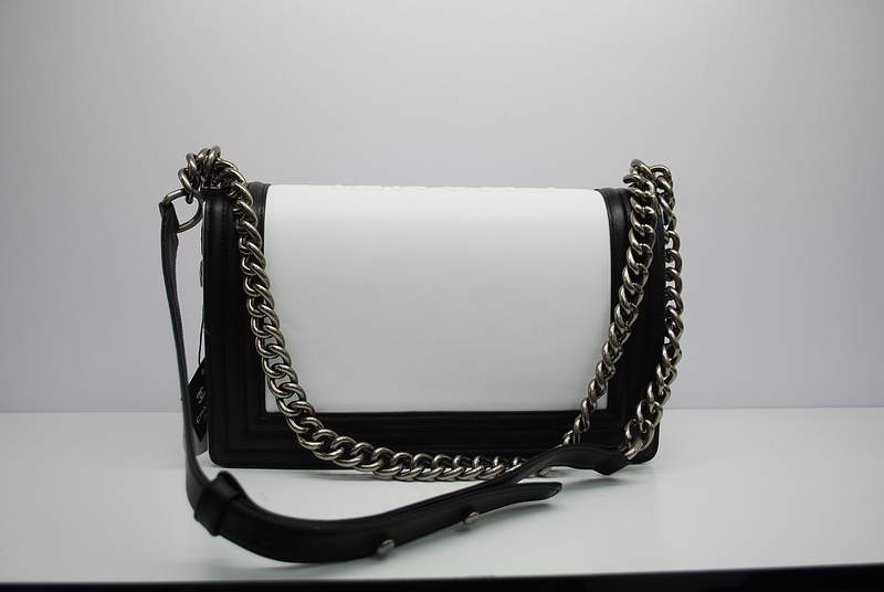2012 New Arrival Chanel Calfskin Medium Le Boy Flap Shoulder Bag A30159 Black & White With Silver Hardware - Click Image to Close
