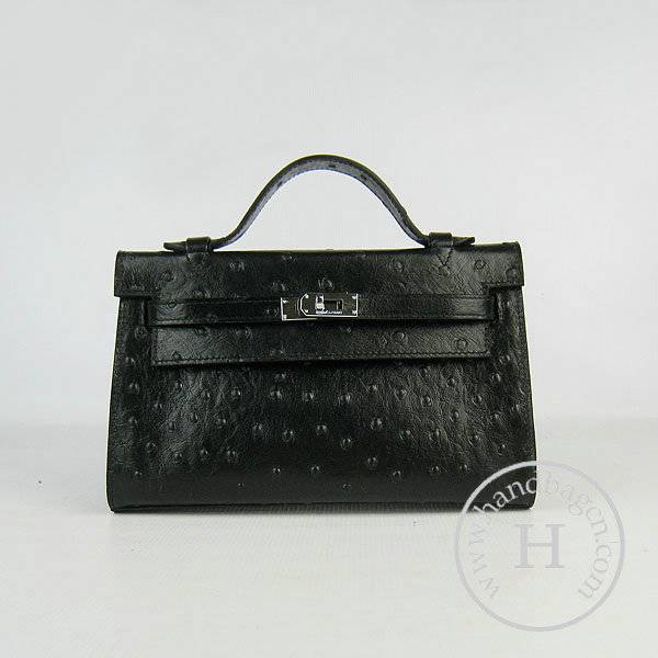 Hermes Mini Kelly 22cm H008 Black Ostrich Leather With Silver Hardware - Click Image to Close