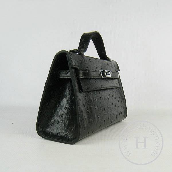 Hermes Mini Kelly 22cm H008 Black Ostrich Leather With Silver Hardware - Click Image to Close