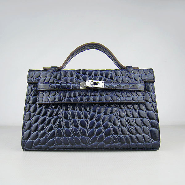 Hermes Mini Kelly 22cm H008 Dark Blue Stone Leather With Silver Hardware
