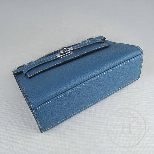 Hermes Mini Kelly 22cm H008 Medium Blue Calfskin Leather With Silver Hardware - Click Image to Close
