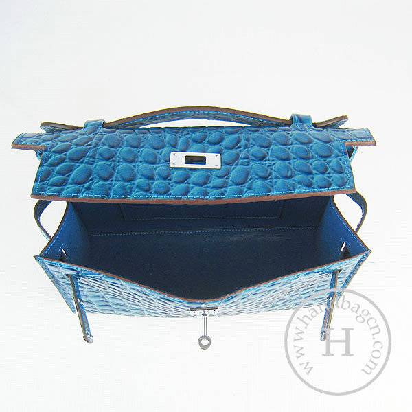 Hermes Mini Kelly 22cm H008 Medium Blue Stone Leather With Silver Hardware - Click Image to Close