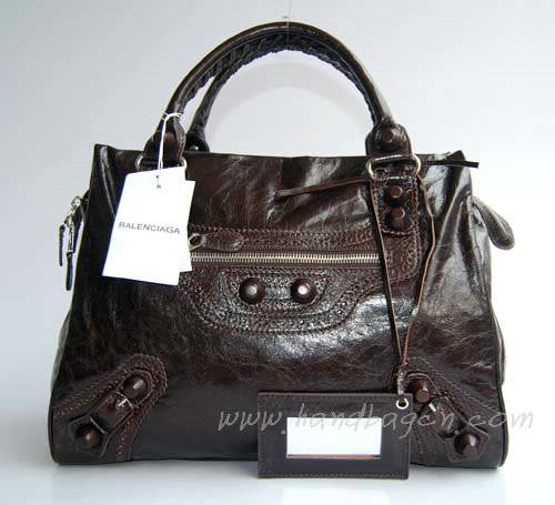 Balenciaga L084358 Dark Coffee Giant City Whipstitch Leather Handbag