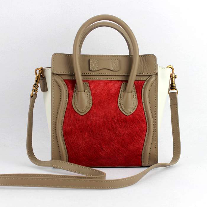 Knockoff Celine Nano 20cm Luggage Leather Tote Bag - 88029 red/khaki/white - Click Image to Close
