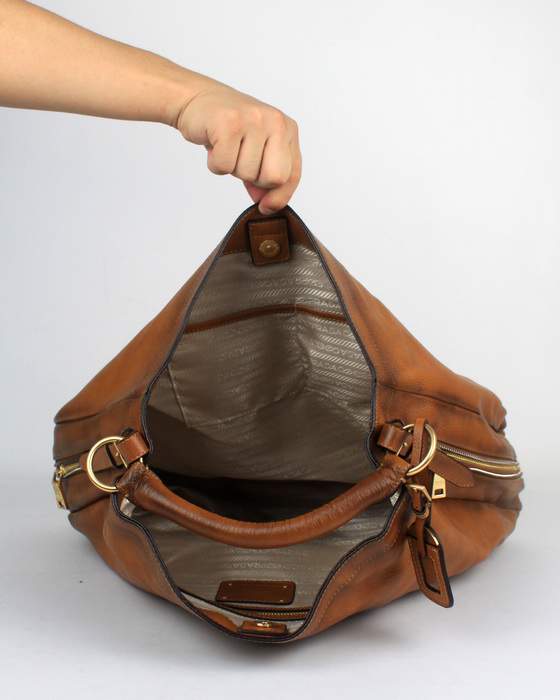 Prada Milled Tote Leather Handbags - 60096 Tan - Click Image to Close