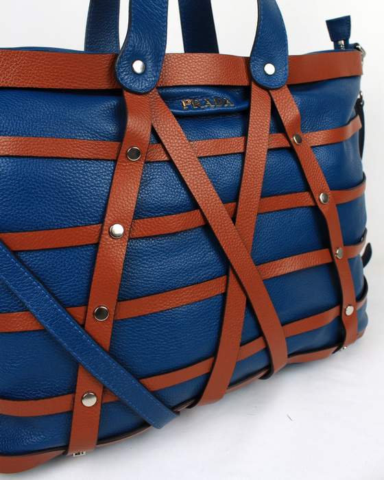 Prada Milled Leather Tote Bag - 8025 Blue - Click Image to Close