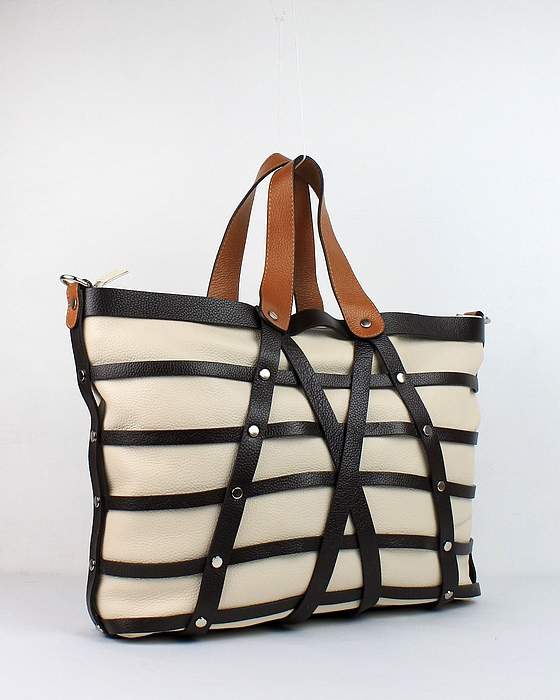 Prada Milled Leather Tote Bag - 8025 White & Coffee