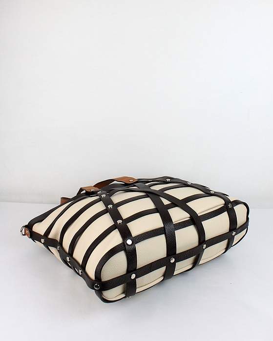 Prada Milled Leather Tote Bag - 8025 White & Coffee
