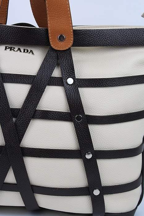 Prada Milled Leather Tote Bag - 8025 White & Coffee - Click Image to Close