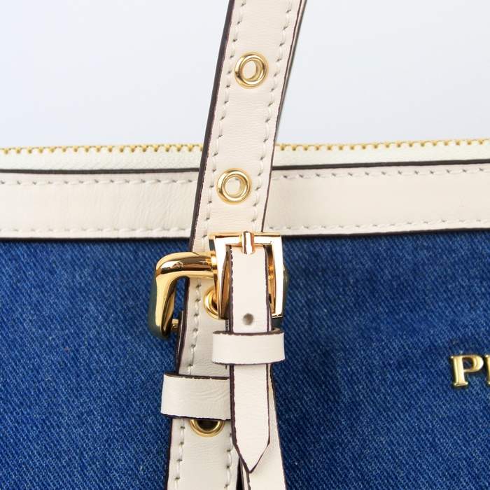 Prada Nappa Leather with Denim Fabric Tote Bag - 8036 White - Click Image to Close