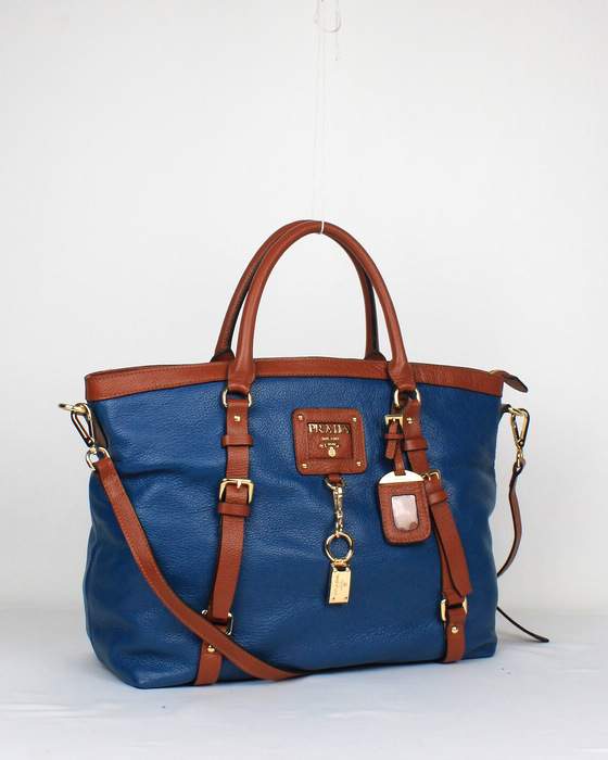 Prada Milled Leather Tote Bags 8804 Blue - Click Image to Close