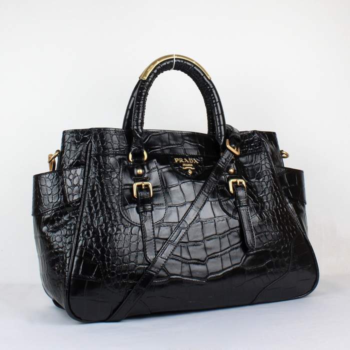 Prada Croco Veins Tote Bag - 8827 Black