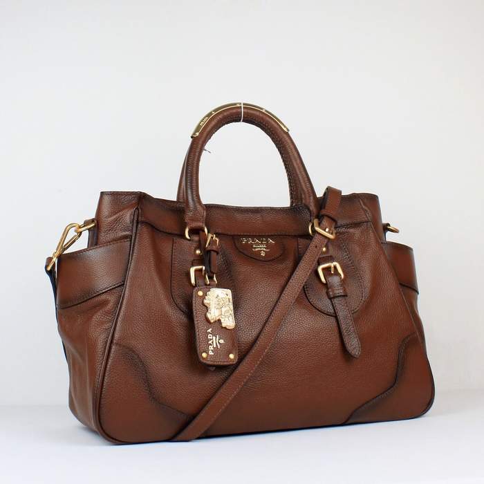 Prada Milled Leather Tote Bag - 8827 Brown - Click Image to Close