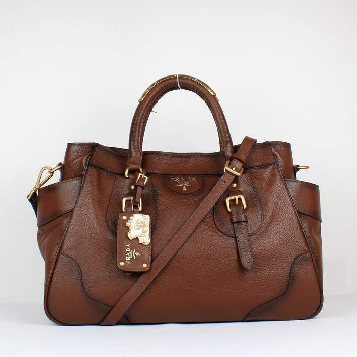 Prada Milled Leather Tote Bag - 8827 Brown - Click Image to Close