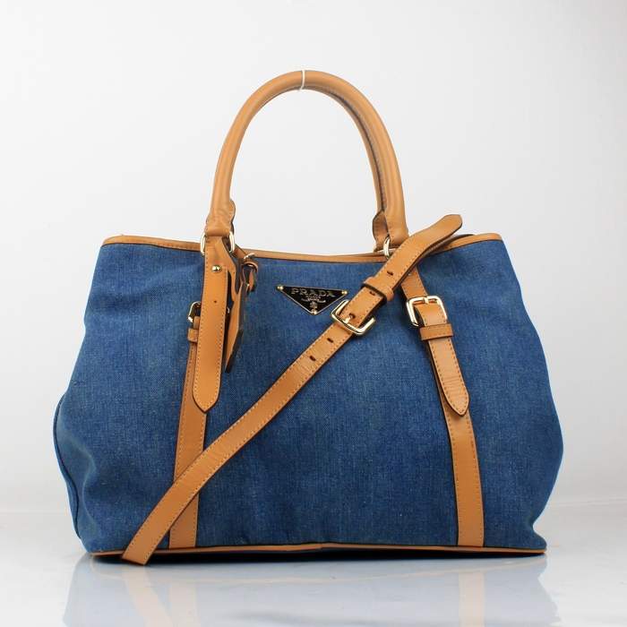 Prada Nappa Leather with Denim Fabric Tote Bag - 8833 Blue & Apricot - Click Image to Close