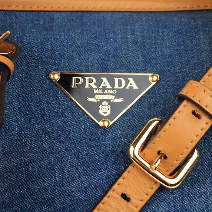 Prada Nappa Leather with Denim Fabric Tote Bag - 8833 Blue & Apricot
