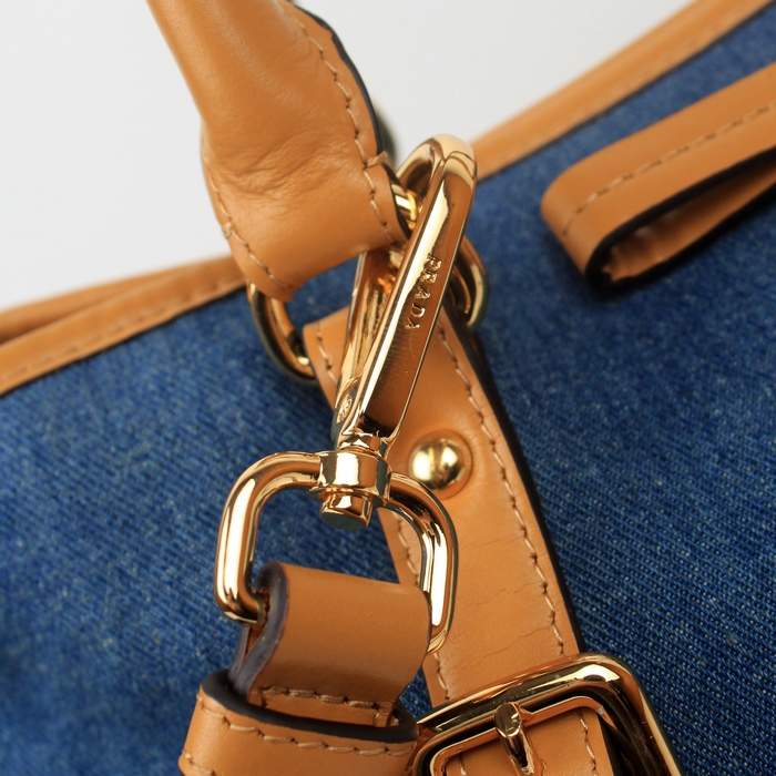 Prada Nappa Leather with Denim Fabric Tote Bag - 8833 Blue & Apricot - Click Image to Close