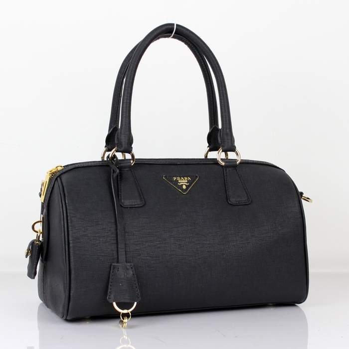Prada Perforated Saffiano Top Handle Leather Handbag - BL0796 Black - Click Image to Close