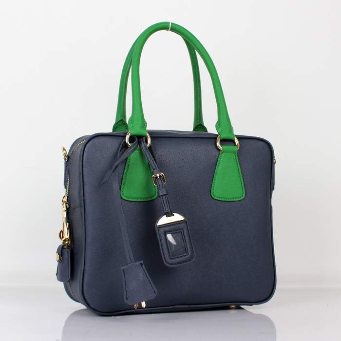 Prada Saffiano Leather Boston Bag - BL0757 Blue & Green - Click Image to Close