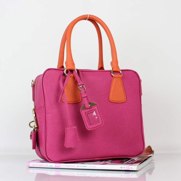 Prada Saffiano Leather Boston Bag - BL0757 Rose Red & Orange
