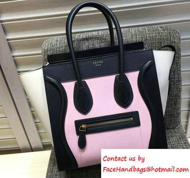 Celine Luggage Micro Tote Bag in Original Leather Black/Cherry Pink/White 2016 - Click Image to Close