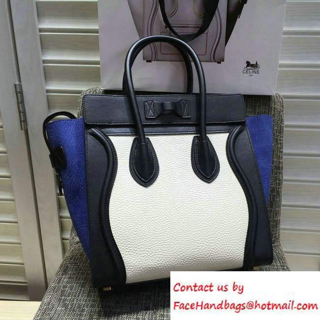 Celine Luggage Micro Tote Bag in Original Leather Black/GrainedWhite/Crinkle Blue 2016 - Click Image to Close
