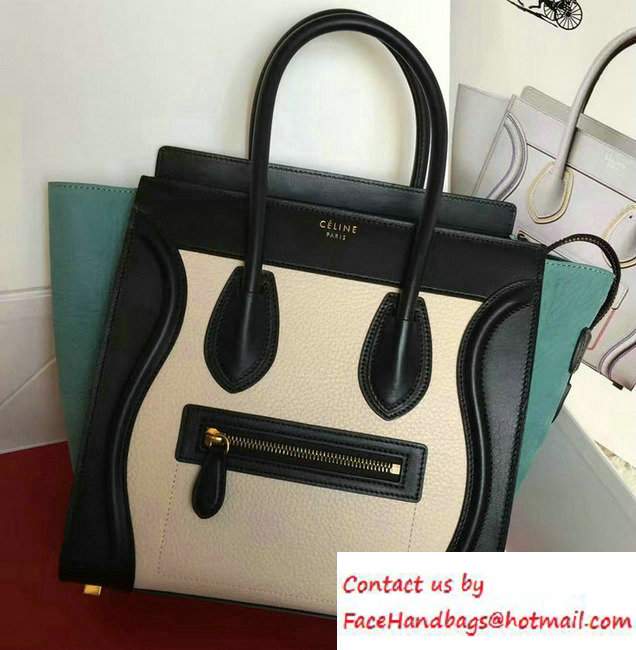 Celine Luggage Micro Tote Bag in Original Leather Black/Grained Beige/Crinkle Ice Green 2016 - Click Image to Close