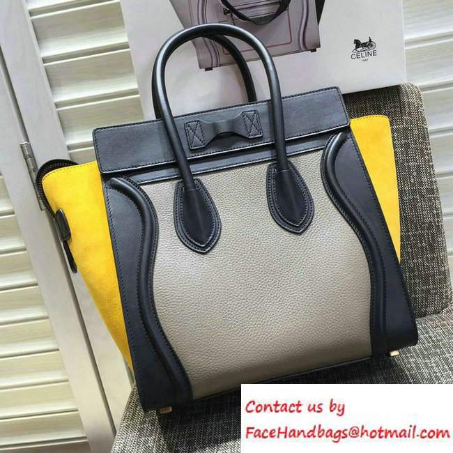 Celine Luggage Micro Tote Bag in Original Leather Black/Grained Gray/Suede Yellow 2016 - Click Image to Close