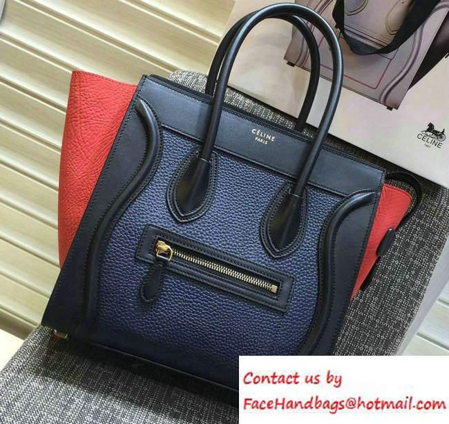 Celine Luggage Micro Tote Bag in Original Leather Black/Grained Navy Blue/Crinkle Red 2016