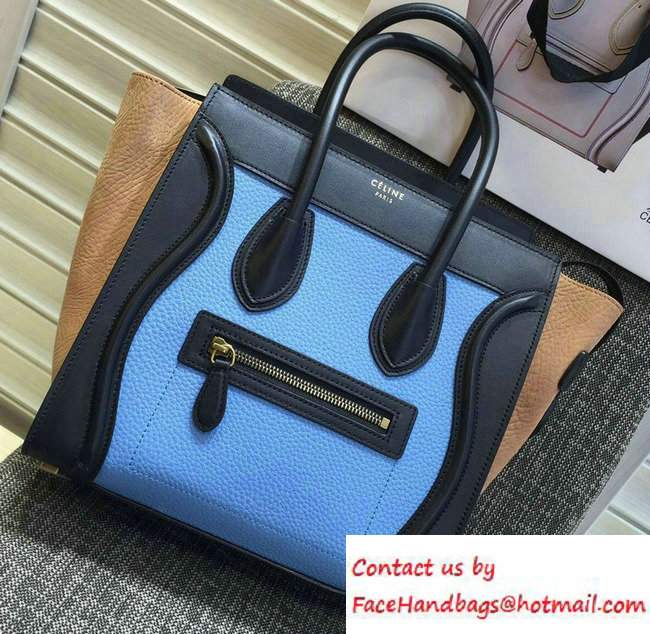 Celine Luggage Micro Tote Bag in Original Leather Black/Grained Sky Blue/Crinkle Apricot 2016