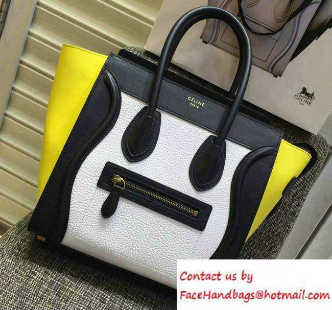 Celine Luggage Micro Tote Bag in Original Leather Black/Grained White/Yellow 2016 - Click Image to Close