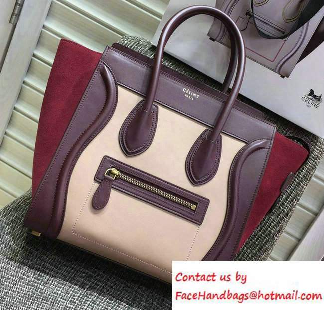 Celine Luggage Micro Tote Bag in Original Leather Burgundy/Beige/Suede Red 2016 - Click Image to Close