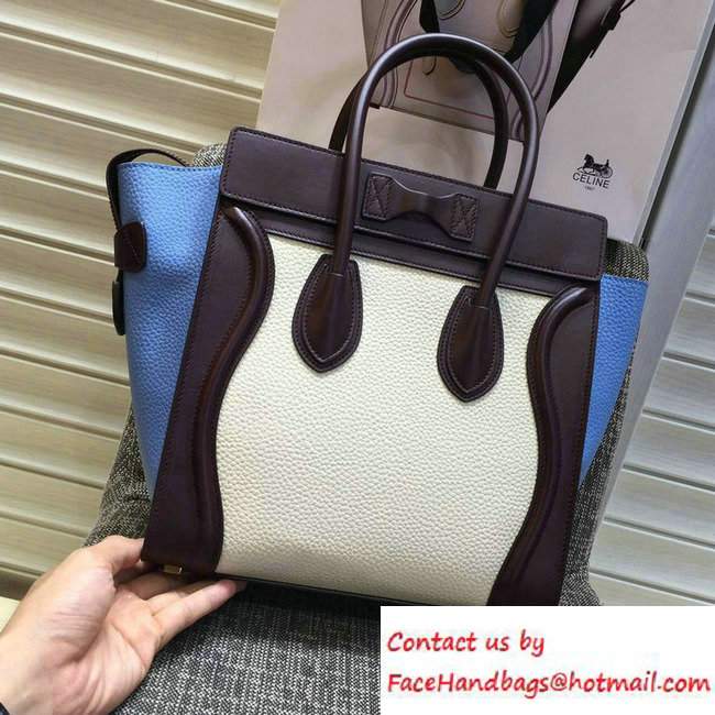 Celine Luggage Micro Tote Bag in Original Leather Burgundy/Grained White/Grained Sky Blue 2016