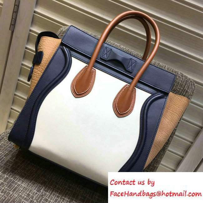 Celine Luggage Micro Tote Bag in Original Leather Navy Blue/White/Crinkle Apricot 2016
