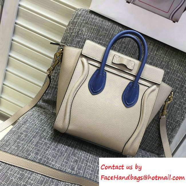 Celine Luggage Nano Tote Bag in Original Grained Leather Beige/Royal Blue 2016 - Click Image to Close