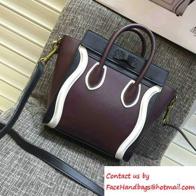 Celine Luggage Nano Tote Bag in Original Leather Black/Burgundy/White 2016 - Click Image to Close