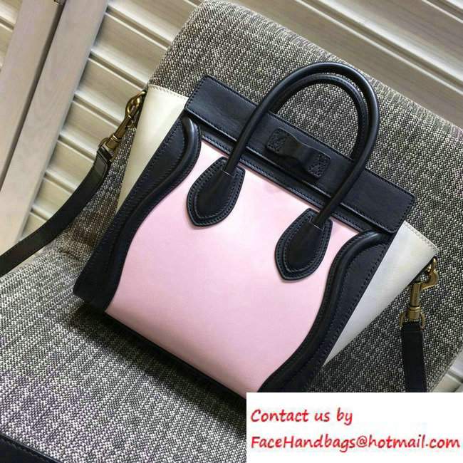 Celine Luggage Nano Tote Bag in Original Leather Black/Cherry Pink/White 2016
