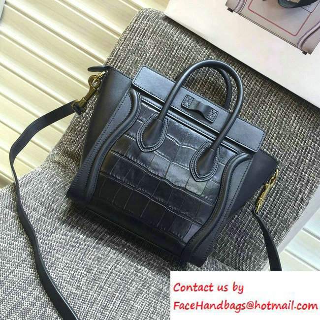 Celine Luggage Nano Tote Bag in Original Leather Black/Croco Pattern 2016